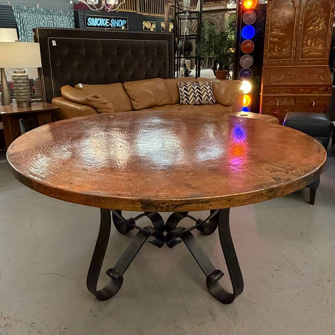 60" Round Hammered Top Dining Table W/Wrought Iron Base 60" Dia x 30.5"H