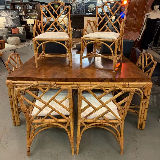 1970's Werner Maier Chinese Chippendale Bamboo & Rattan Table W/6 Chairs 68x42x3