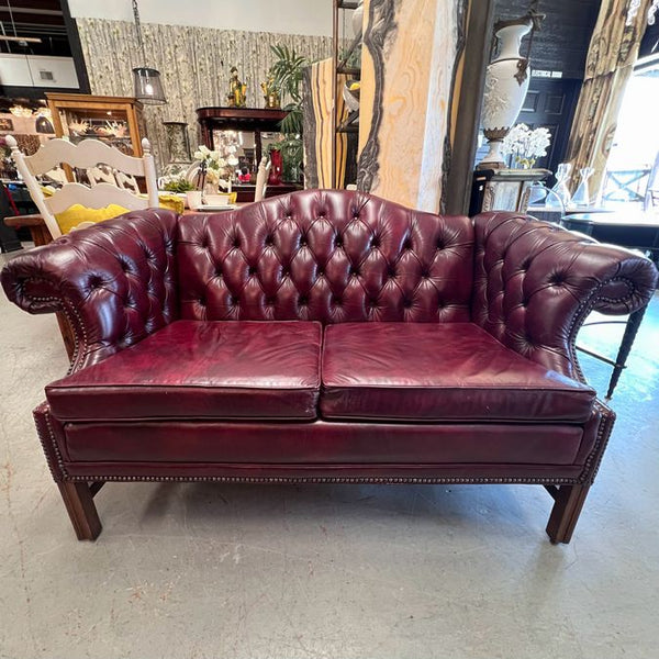 Vintage Oxblood Leather Tufted Camelback Loveseat 67x30x35