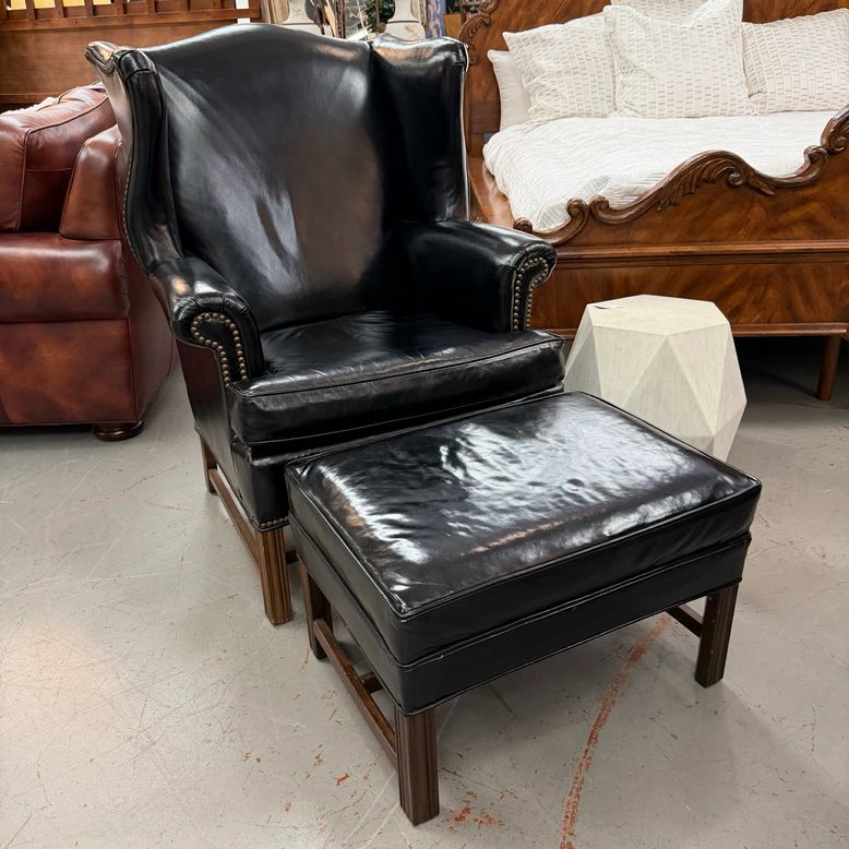 AWESOME Vintage Pristine Black Leather Wingback Chair W/Ottoman 33X34X43