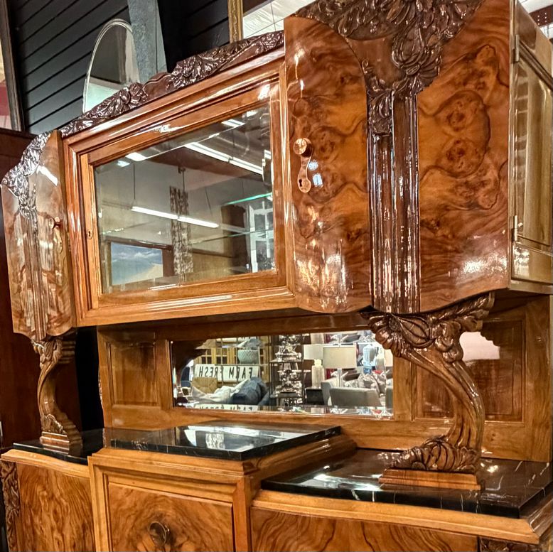 French Art Deco/Moderne Burl Walnut & Marble Buffet-Bar Cabinet Circa 1940's 67x