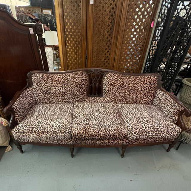 Antique/Vintage Wood Carved Sofa W/Animal Print Upholstery 78x33x34