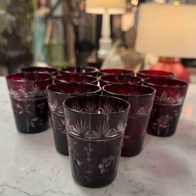 SET/11 Antique Ruby Red Czech Cut to Clear Shot Glasses