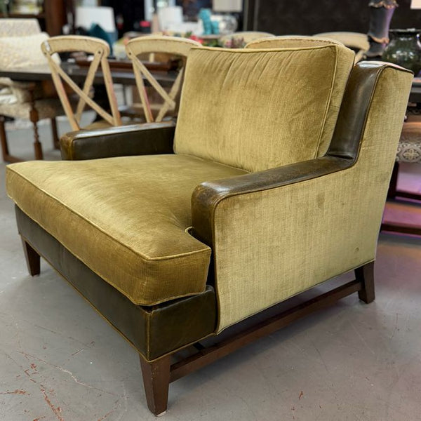 Green Velvet & Leather Oversized Arm Chair 45x39x35