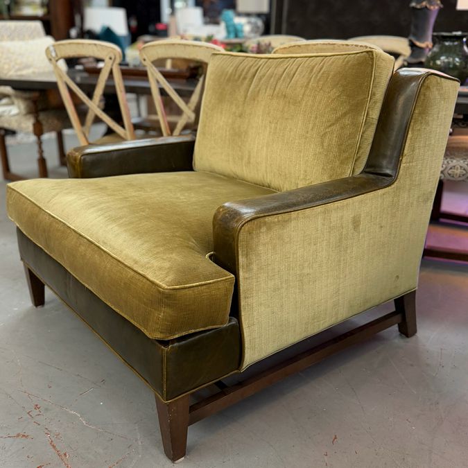 Green Velvet & Leather Oversized Arm Chair 45x39x35