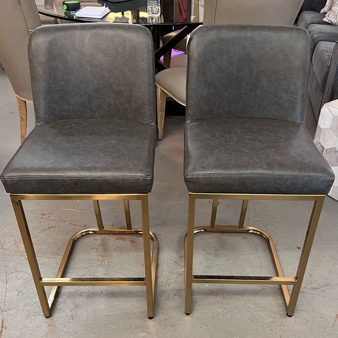 PAIR Faux Grey Leather & Gold Counter Height Barstools 16.5x16x34.5