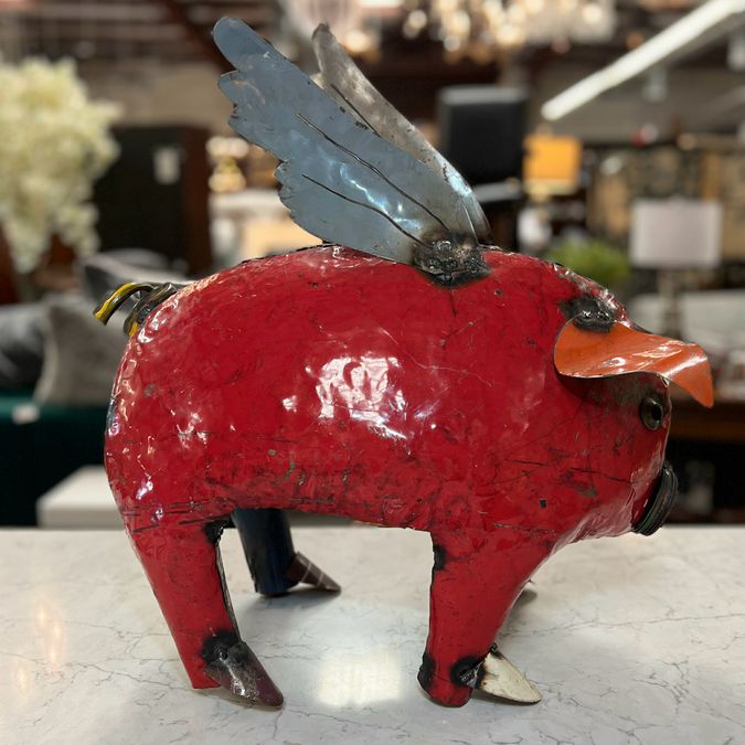 Lg Metal Flying Pig Sculpture 20"H