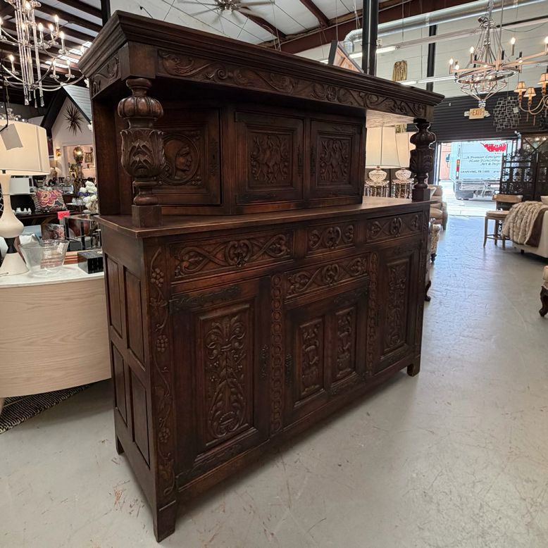Antique Tudor Revival Carved Oak Cupboard w/Hidden Storage 80x24x74