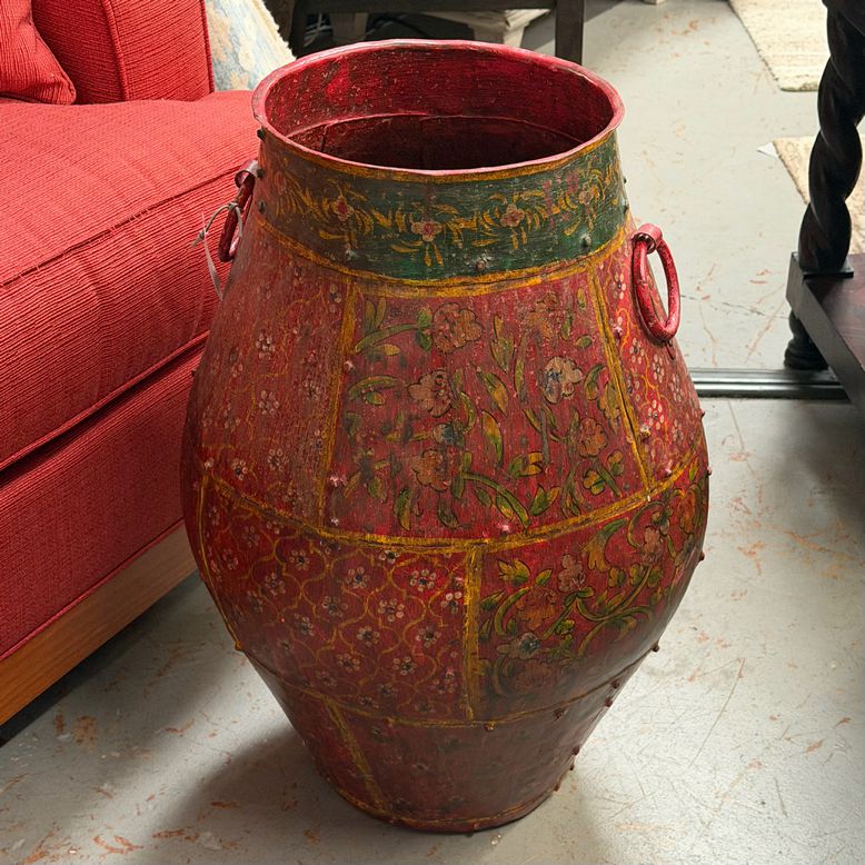 Unique Red Floral Iron Floor Handled Urn 16.5" Dia X 26"H