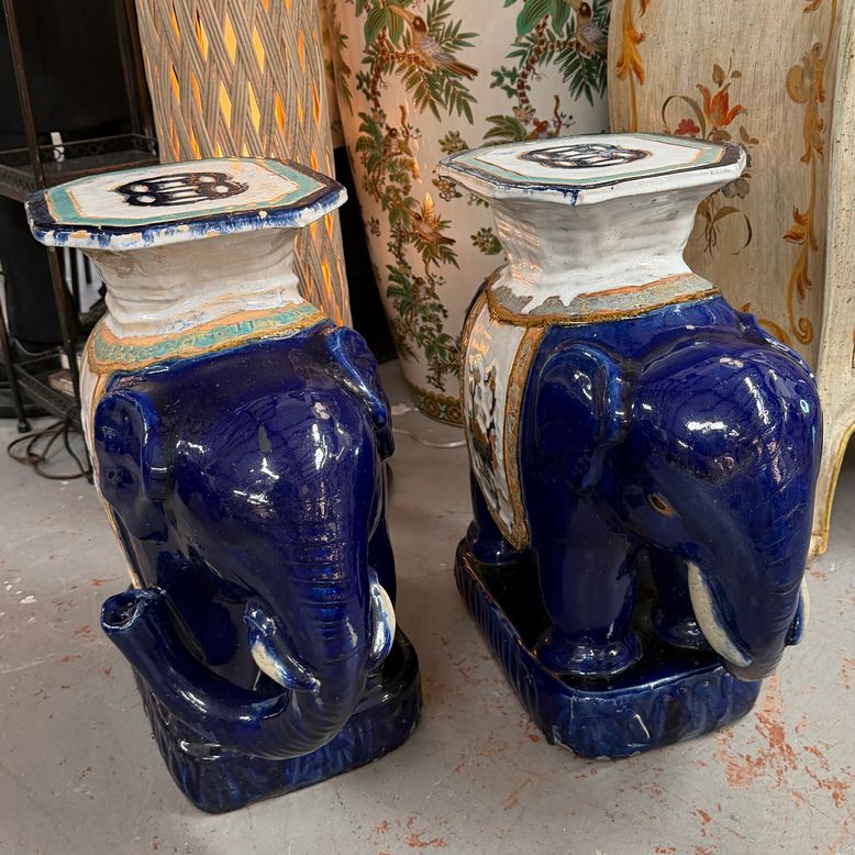 PAIR 1960's Cobalt Asian Elephant Garden Stools 20x10.5x22
