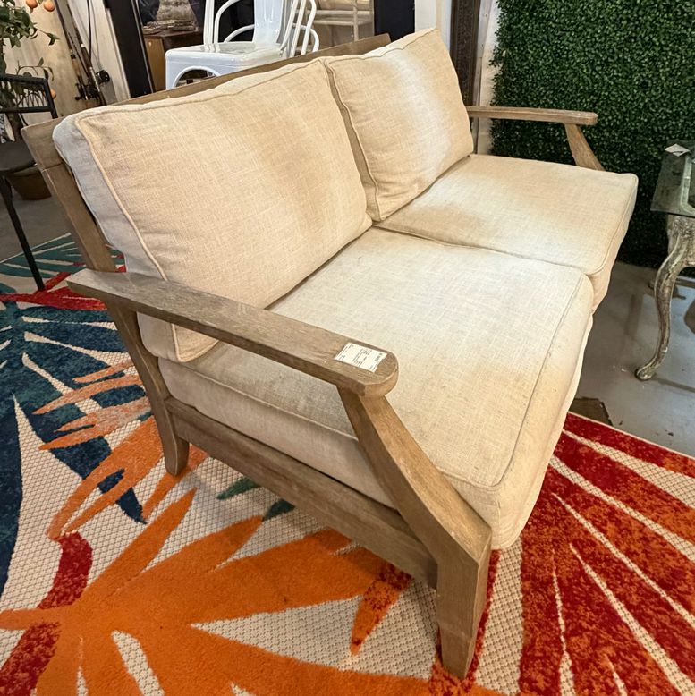 Eucalyptus Wood Outdoor Loveseat W/Cushions 56x36x32 AS IS