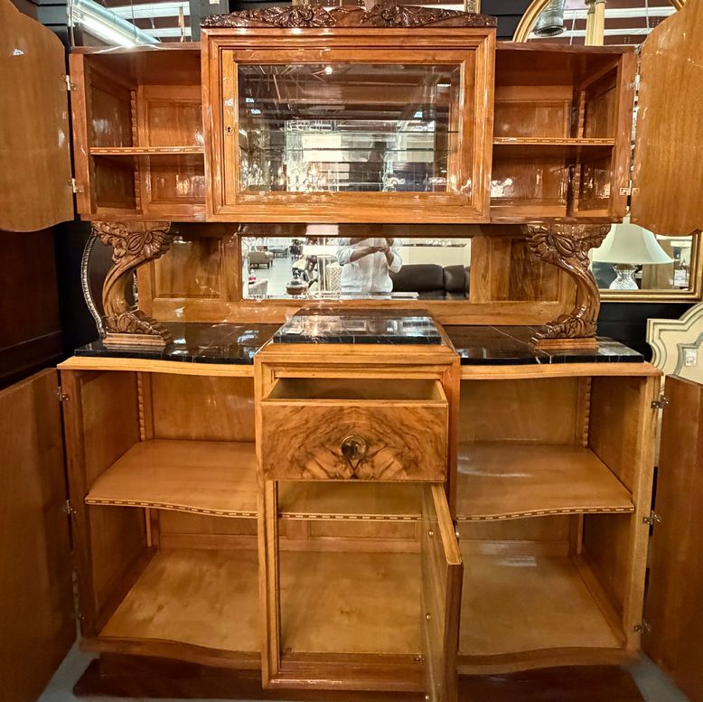 French Art Deco/Moderne Burl Walnut & Marble Buffet-Bar Cabinet Circa 1940's 67x
