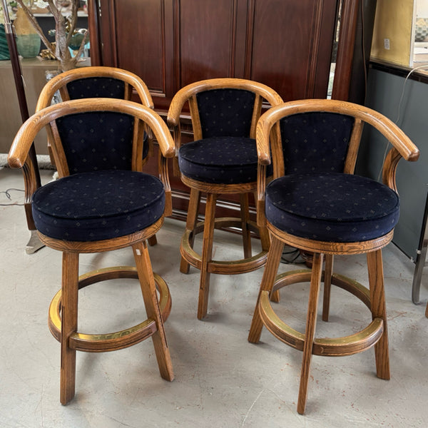 SET/4 Vintage SET/4 Custom Oak & Navy Upholstered Barstools 30" Seat