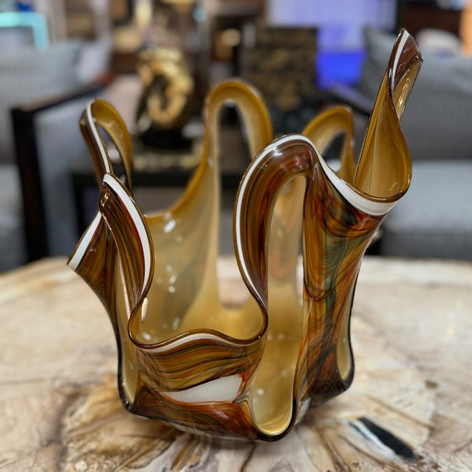 Hand Blown Amber & White Ribbon Art Glass Vessel 15.5"H