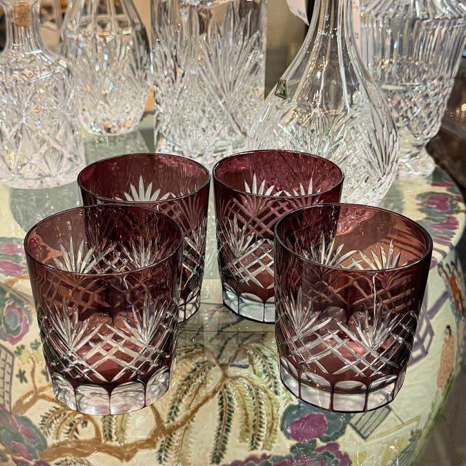 SET/4 AJKA Arabella Double Old Fashion Aubergine Cut to Clear Crystal Glasses