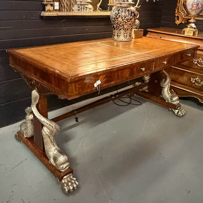 Maitland Smith Leather Top Desk W/Dolphin Legs 59.5x30x29.5