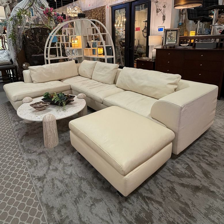 Roche Bobois Elixir Cream 2-PcLeather Sectional & Ottoman 133x81/66x31