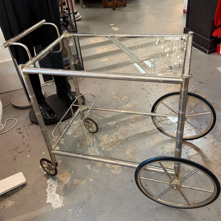 French MCM Silvered Brass Faux Bamboo & Glass Trolley 36x20x30.5