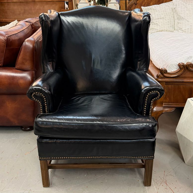 AWESOME Vintage Pristine Black Leather Wingback Chair W/Ottoman 33X34X43
