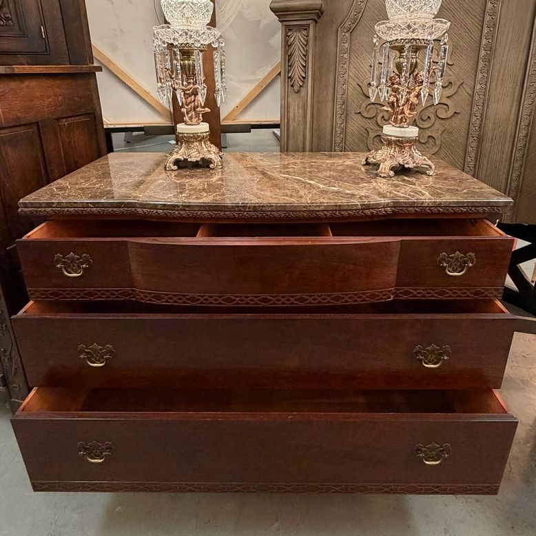 1930's Serpentine Flame Mahagony 3-Drw Chest W/Marble Top 48x21x36