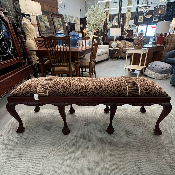 Carved Mahogany Chippendale Style Bench W/Animal Upholstery 64x19x22