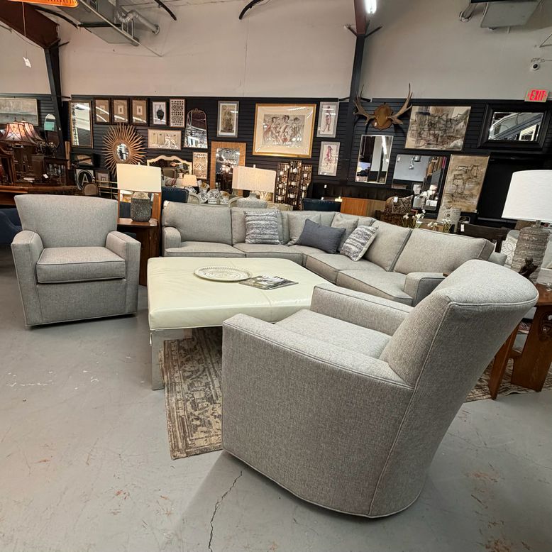 PAIR Ethan Allen Turner Performance Woven Warm Greige Swivel Chairs 32x36x36