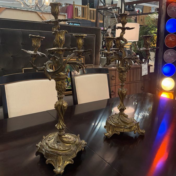 PAIR Vintage Brass Rococo Candelabras 24"H AS IS