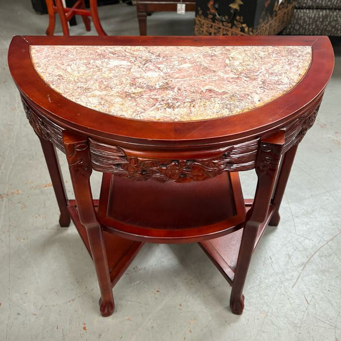 Asian Rosewood & Marble Cherry Blossom Dragon Demilune Table 33x17x31