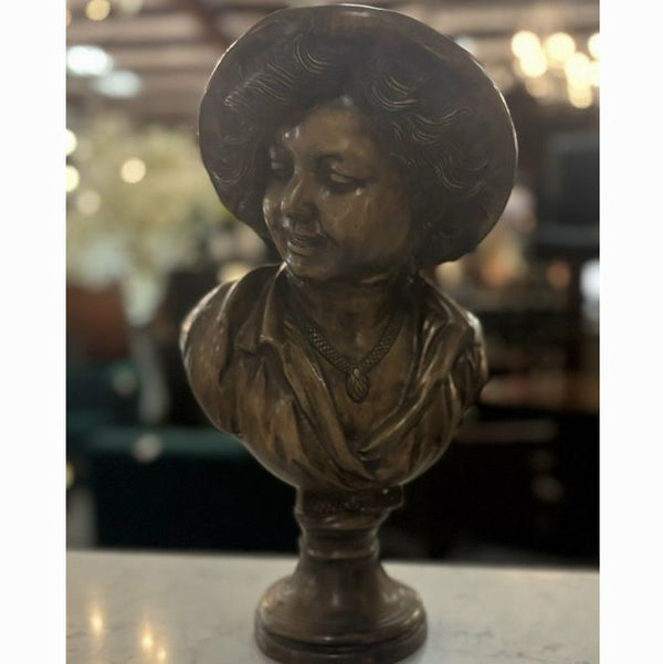 Vintage Heavy Cast Brass Bust of Young Woman 17"H