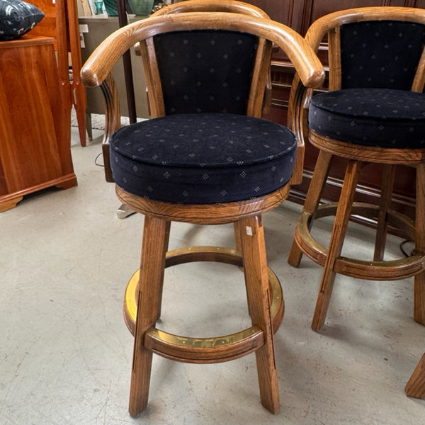 SET/4 Vintage SET/4 Custom Oak & Navy Upholstered Barstools 30" Seat