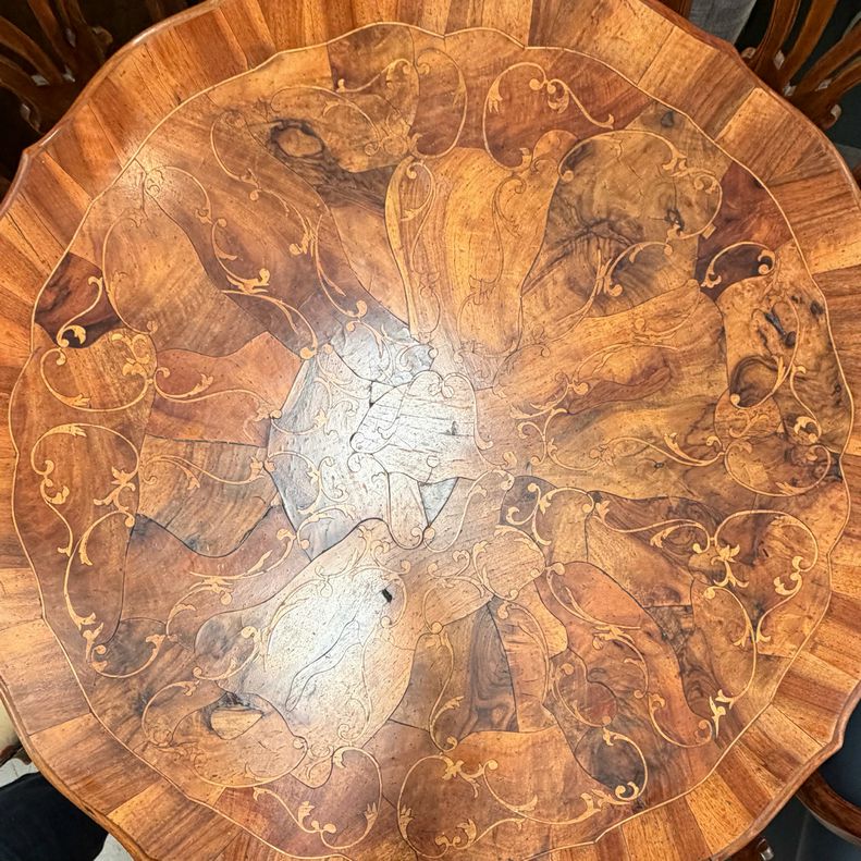 1880's Italian Rococo Revival Walnut Burl Marquetry Table W/Matching Chairs