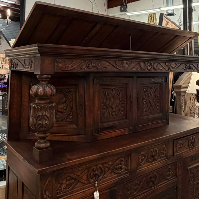 Antique Tudor Revival Carved Oak Cupboard w/Hidden Storage 80x24x74  FINAL SALE