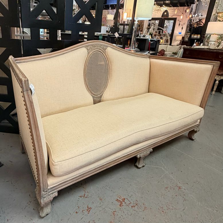 French Provincial Cream Linen Wood Framed Sofa W/Caning Detail 78x34x41