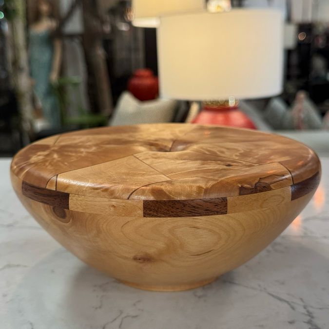 Handcrafted Figured Birch and Walnut Vase by David Miller 8"Dx3.25"H