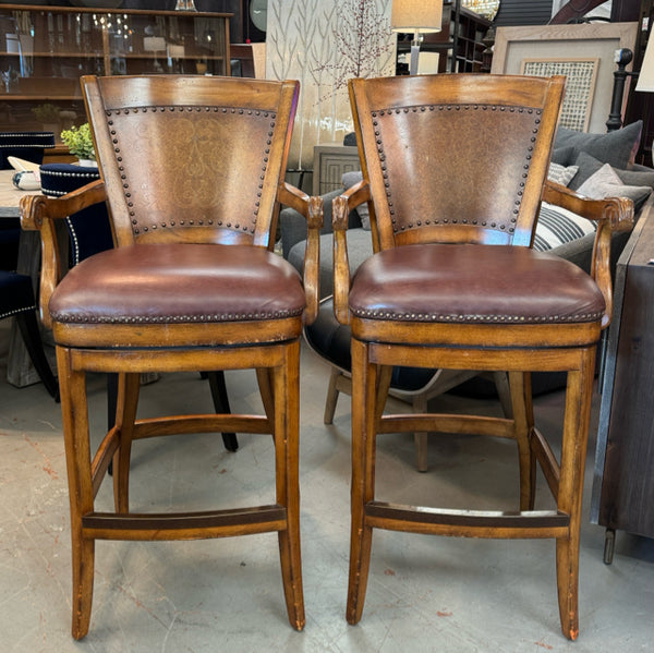 SET/2 Wood, Leather & Embossed Metal Barstools 22.5x23x46