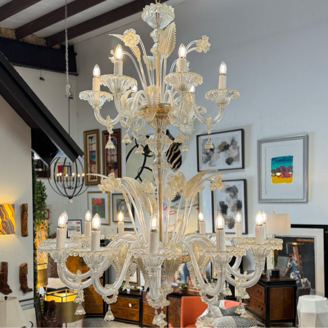 Vintage 18-Light Italian Murano Glass Chandelier 50"Dx69/96"H