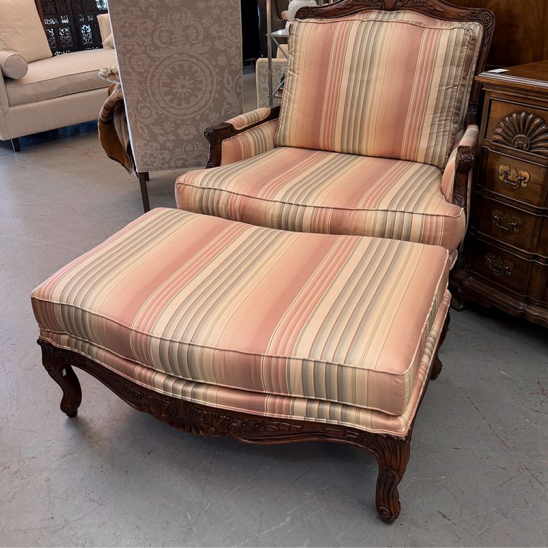 Ethan Allen Harris Custom Striped French Bergere Chair & Ottoman 41x41x42