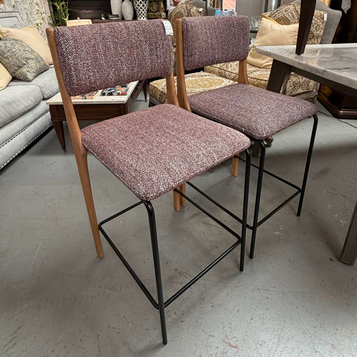PAIR Crate & Barrel Raaf Burgundy Barstools 18X21.25X38.25 (Seat: 25.5)