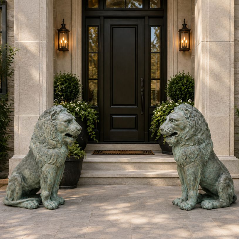 PAIR 20thC Architectural Bronze Lions 31"H