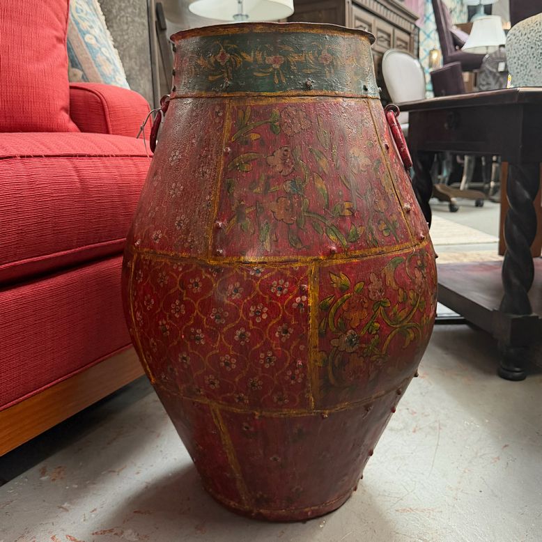 Unique Red Floral Iron Floor Handled Urn 16.5" Dia X 26"H