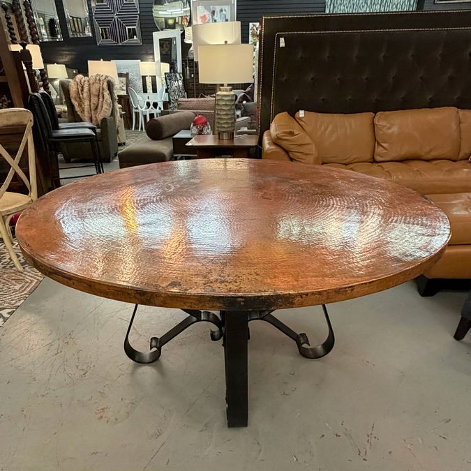 60" Round Hammered Top Dining Table W/Wrought Iron Base 60" Dia x 30.5"H