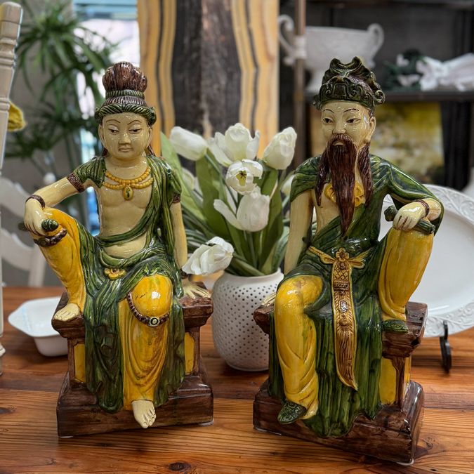 PAIR Ming Style Taoist Dignitary Glazed Figurines 22' tall