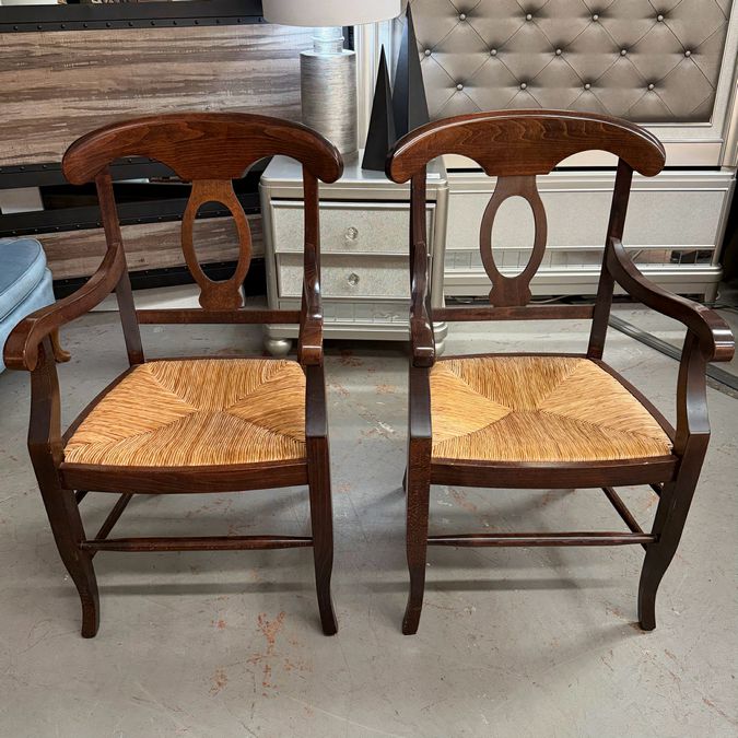 Pottery Barn Trestle Base Table W/6 Napoleon Style Italian Made Rush Seat Chairs