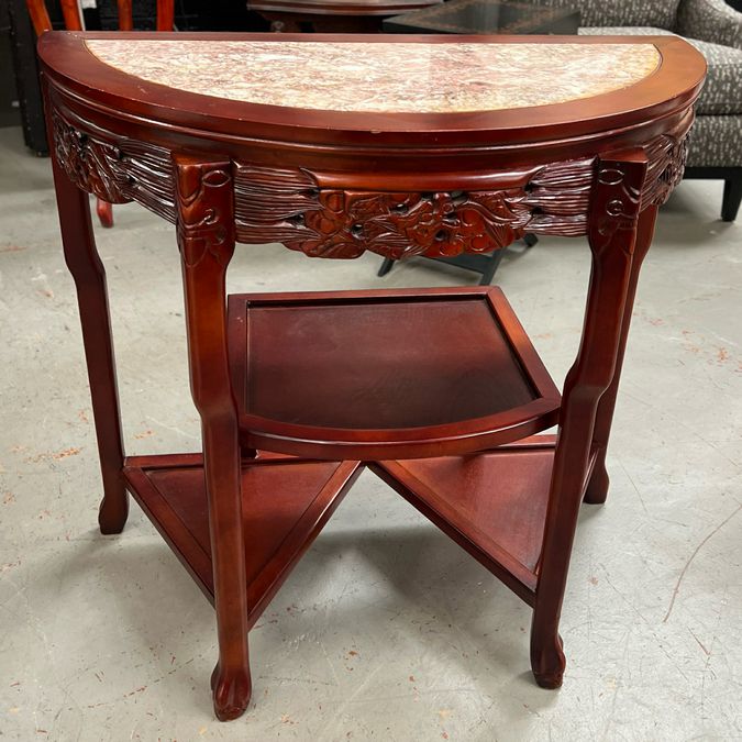 Asian Rosewood & Marble Cherry Blossom Dragon Demilune Table 33x17x31