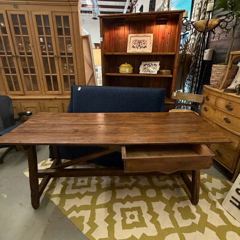 Kristin Mullen Designs Antique European Farmhouse Trestle Table W/Drawer 80x31x3