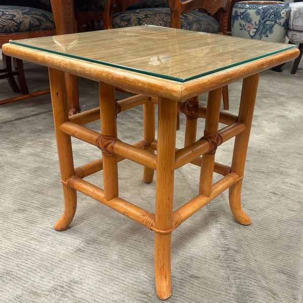 Vintage Rattan Side Table W/Glass Top 19x19x20