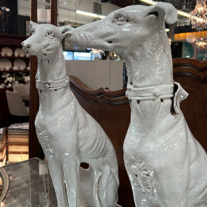 PAIR Late 19thC Lg White Earthenware Greyhounds 28"H AS IS