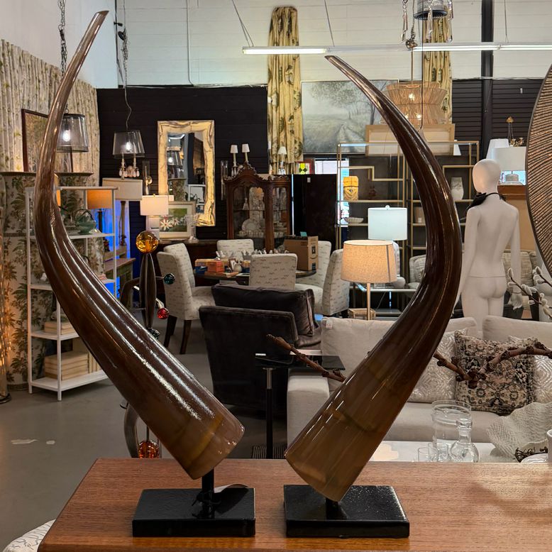 PAIR John Richard Art Glass Horn Sculptures 24"H