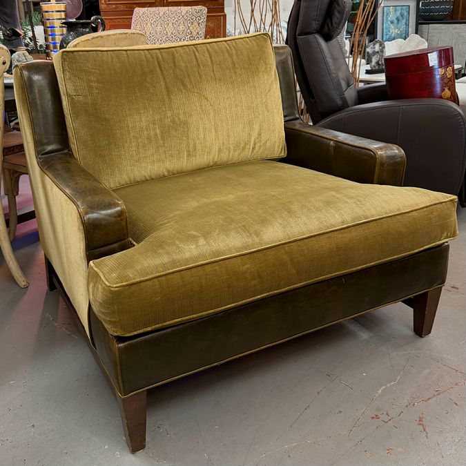 Green Velvet & Leather Oversized Arm Chair 45x39x35