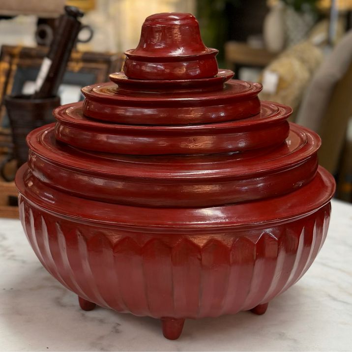Antique Burmese Red Lacquer Monk Offering Bowl Set 16"D x 16"H